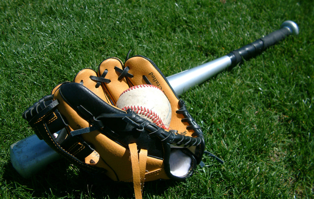 Baseball glove, bat and ball